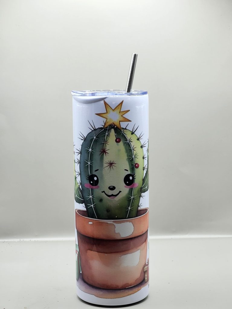 Christmas Cactus with Star, Cute 20 oz Stainless Steel Tumbler with Straw, Unique, Design #20001
