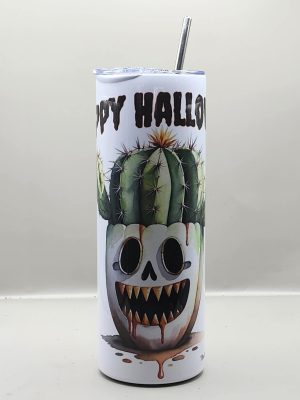 Mr. Smiley Scary Cactus Happy Halloween Spooky 20 oz Stainless Steel Tumbler with Straw, Unique, Design #20005