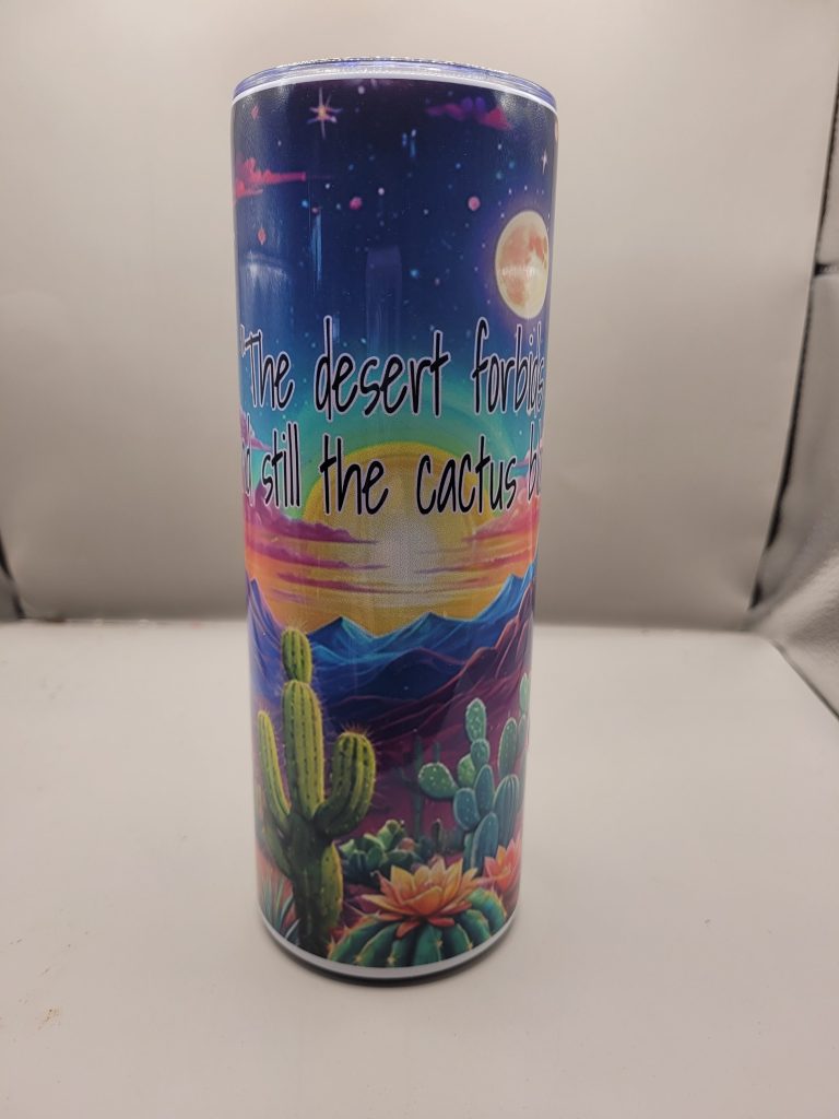 Desert Landscape Cute Sweet Cactus Themed 20 oz Stainless Steel Tumbler with Straw, Unique, Design #20009