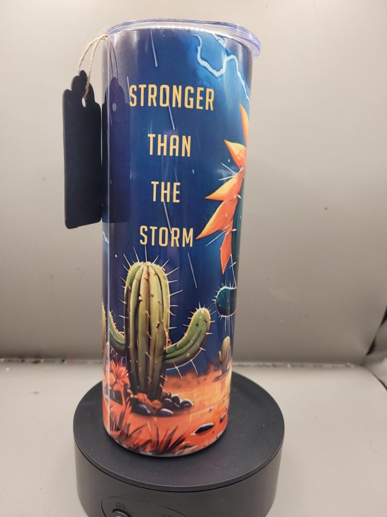 Stronger than the Storm Cactus Funny Character in the Rain Cactus Themed 20 oz Stainless Steel Tumbler with Straw, Unique, Design #20014 - Image 3