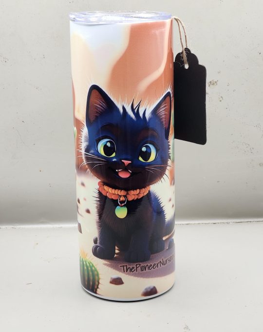 Adorable Black Cat Cactus Landscape Kitten Cat Lover Sweet Themed 20 oz Stainless Steel Tumbler with Straw, Unique, Design #20020