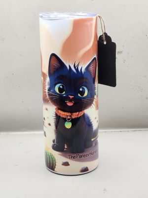 Adorable Black Cat Cactus Landscape Kitten Cat Lover Sweet Themed 20 oz Stainless Steel Tumbler with Straw, Unique, Design #20020