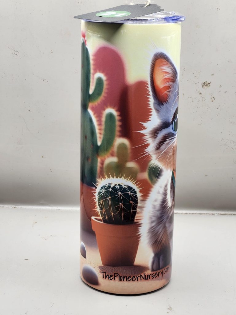 Adorable Gray Grey Tabby Cactus Landscape Kitten Cat Lover Sweet Themed 20 oz Stainless Steel Tumbler with Straw, Unique, Design #20021 - Image 2