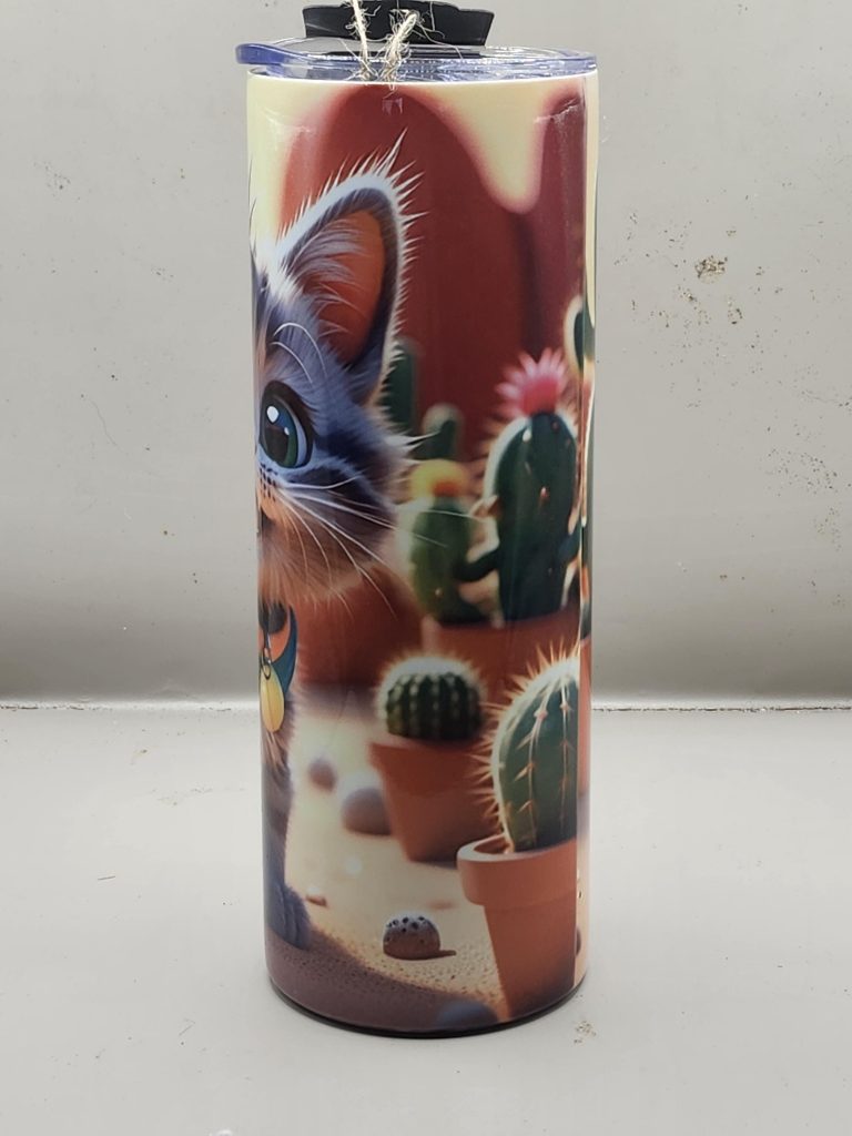 Adorable Gray Grey Tabby Cactus Landscape Kitten Cat Lover Sweet Themed 20 oz Stainless Steel Tumbler with Straw, Unique, Design #20021 - Image 4