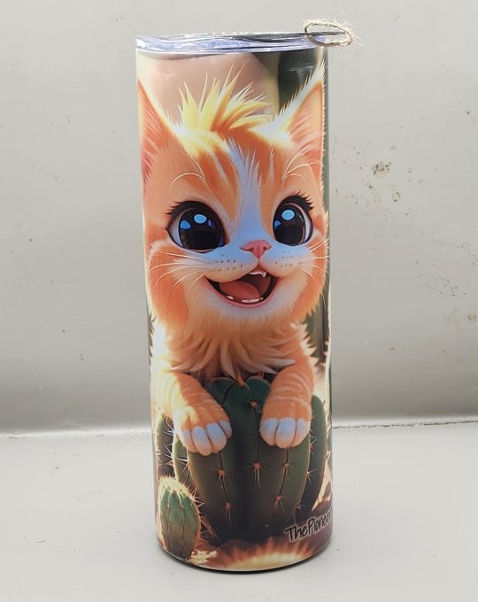 Adorable Ginger Orange Kitten Cat Cactus Landscape Lover Sweet Themed 20 oz Stainless Steel Tumbler with Straw, Unique, Design #20023