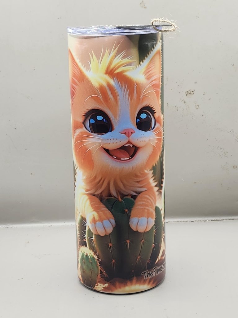 Adorable Ginger Orange Kitten Cat Cactus Landscape Lover Sweet Themed 20 oz Stainless Steel Tumbler with Straw, Unique, Design #20023