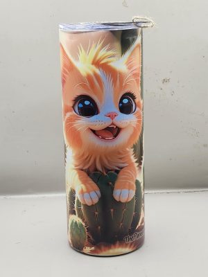 Adorable Ginger Orange Kitten Cat Cactus Landscape Lover Sweet Themed 20 oz Stainless Steel Tumbler with Straw, Unique, Design #20023