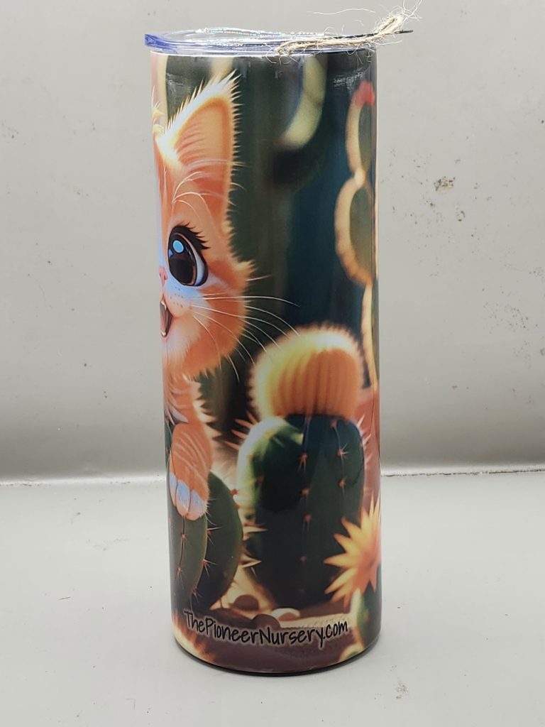 Adorable Ginger Orange Kitten Cat Cactus Landscape Lover Sweet Themed 20 oz Stainless Steel Tumbler with Straw, Unique, Design #20023 - Image 4