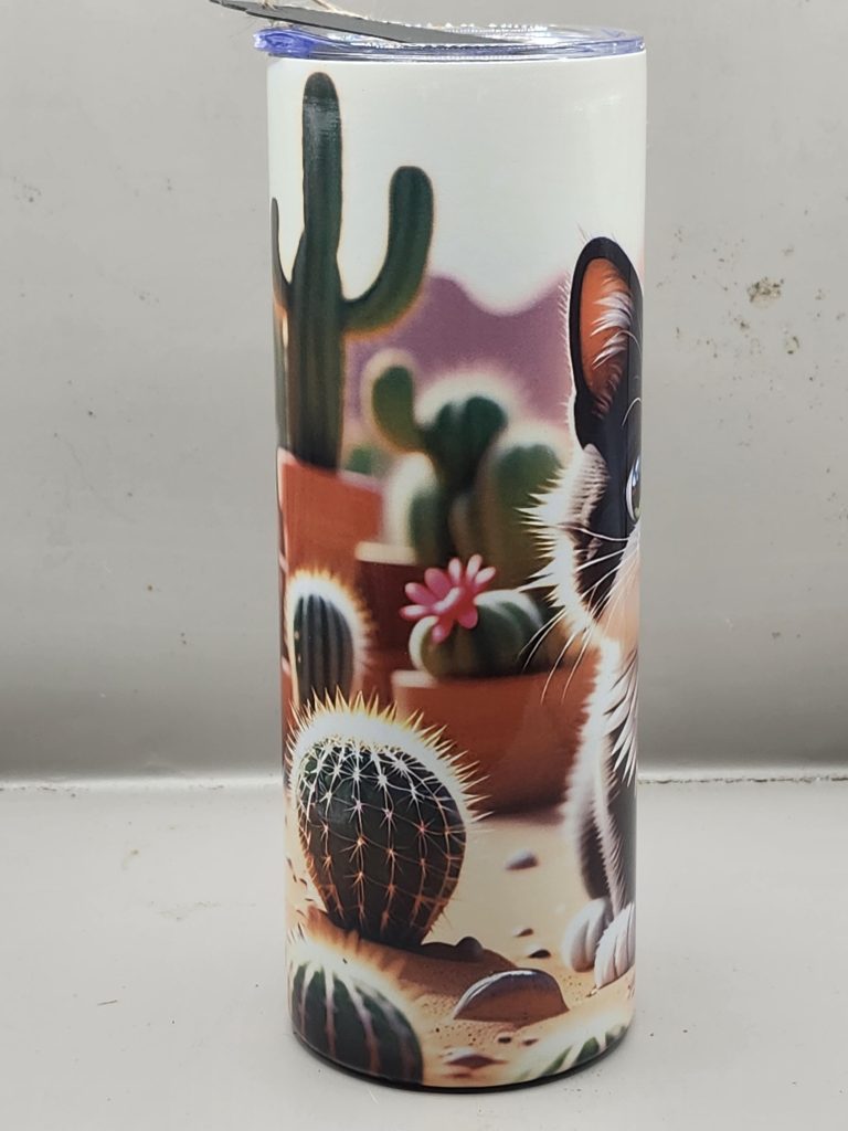 Adorable Black & White Tuxedo Cat Cactus Kitten Cat Lover Sweet Themed 20 oz Stainless Steel Tumbler with Straw, Unique, Design #20024 - Image 2