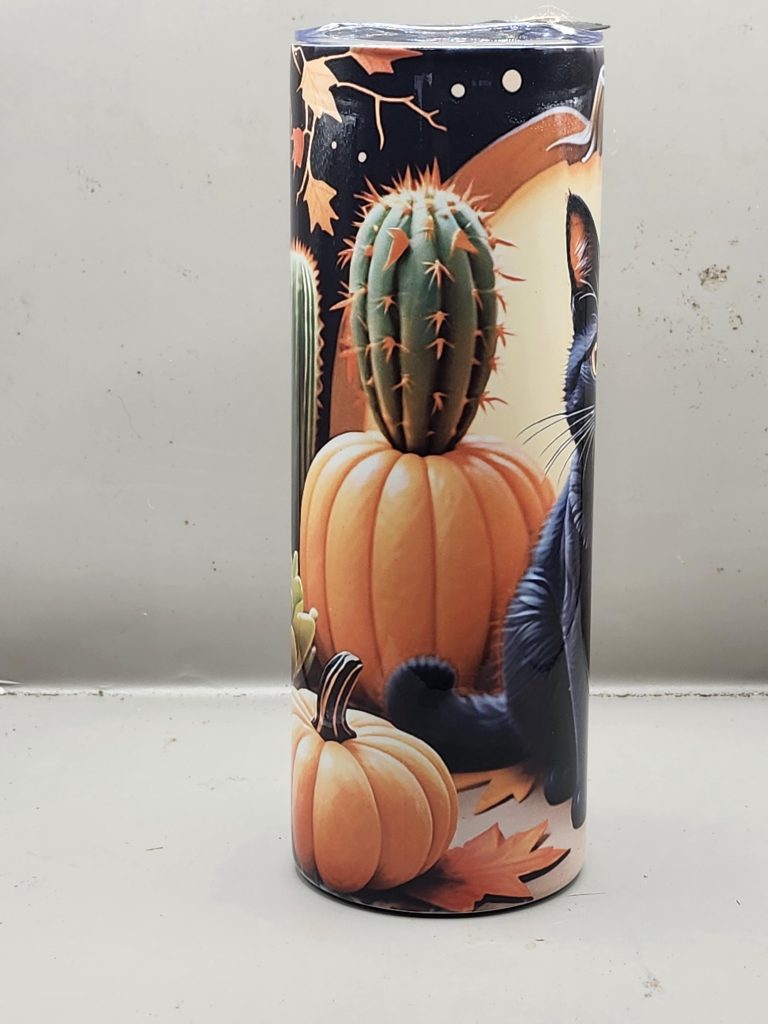 Halloween Black Cat Adorable Pumpkin Sweet Fun Cactus Themed 20 oz Stainless Steel Tumbler with Straw, Unique, Design #20026 - Image 2