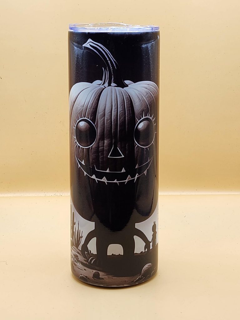 Halloween Dark Creepy Black and White Little Person Spooky Cactus Themed 20 oz Stainless Steel Tumbler with Straw, Unique, Design #20028