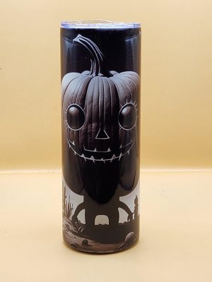 Halloween Dark Creepy Black and White Little Person Spooky Cactus Themed 20 oz Stainless Steel Tumbler with Straw, Unique, Design #20028