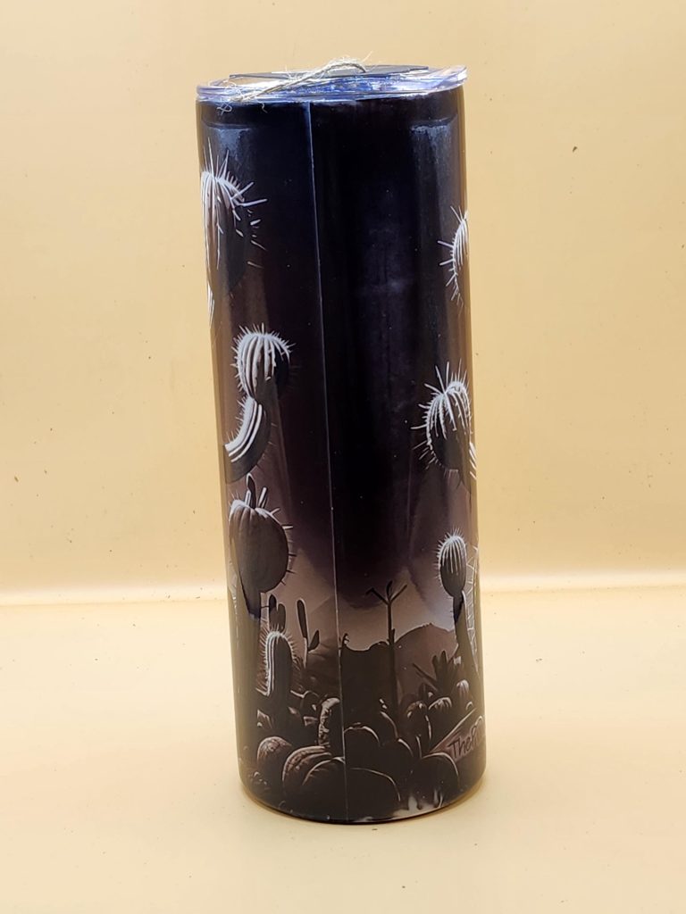 Halloween Dark Creepy Black and White Little Person Spooky Cactus Themed 20 oz Stainless Steel Tumbler with Straw, Unique, Design #20028 - Image 3