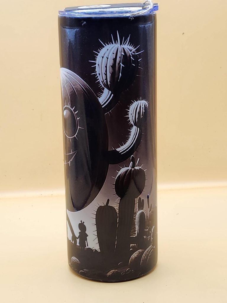 Halloween Dark Creepy Black and White Little Person Spooky Cactus Themed 20 oz Stainless Steel Tumbler with Straw, Unique, Design #20028 - Image 4