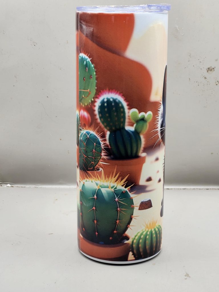 Adorable Black Cat Cactus Landscape Kitten Cat Lover Sweet Themed 20 oz Stainless Steel Tumbler with Straw, Unique, Design #20020 - Image 2