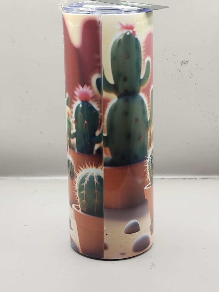 Adorable Gray Grey Tabby Cactus Landscape Kitten Cat Lover Sweet Themed 20 oz Stainless Steel Tumbler with Straw, Unique, Design #20021 - Image 3