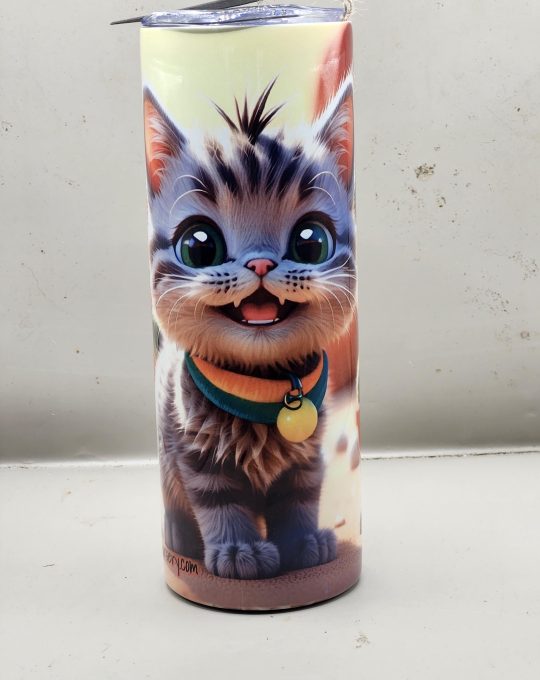 Adorable Gray Grey Tabby Cactus Landscape Kitten Cat Lover Sweet Themed 20 oz Stainless Steel Tumbler with Straw, Unique, Design #20021