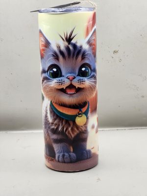 Adorable Gray Grey Tabby Cactus Landscape Kitten Cat Lover Sweet Themed 20 oz Stainless Steel Tumbler with Straw, Unique, Design #20021
