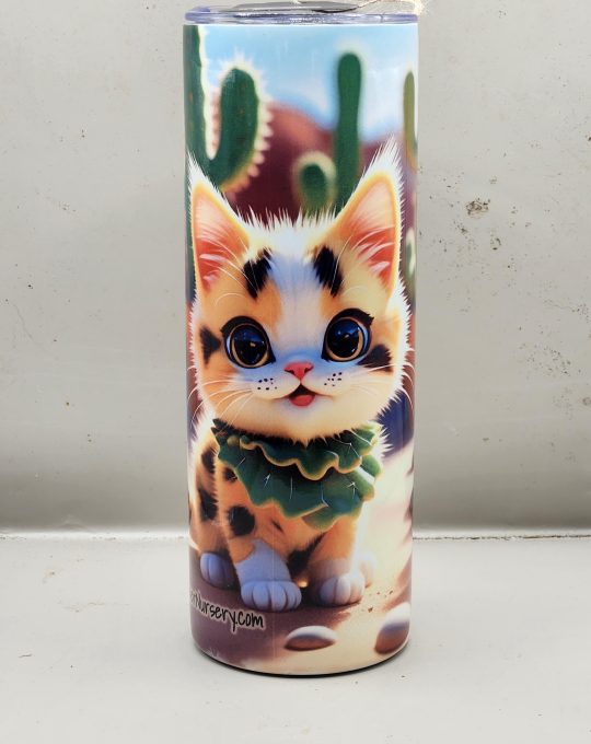 Adorable Calico Beautiful Cat Cactus Landscape Kitten Cat Lover Sweet Themed 20 oz Stainless Steel Tumbler with Straw, Unique, Design #20022