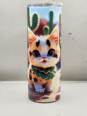 Adorable Calico Beautiful Cat Cactus Landscape Kitten Cat Lover Sweet Themed 20 oz Stainless Steel Tumbler with Straw, Unique, Design #20022