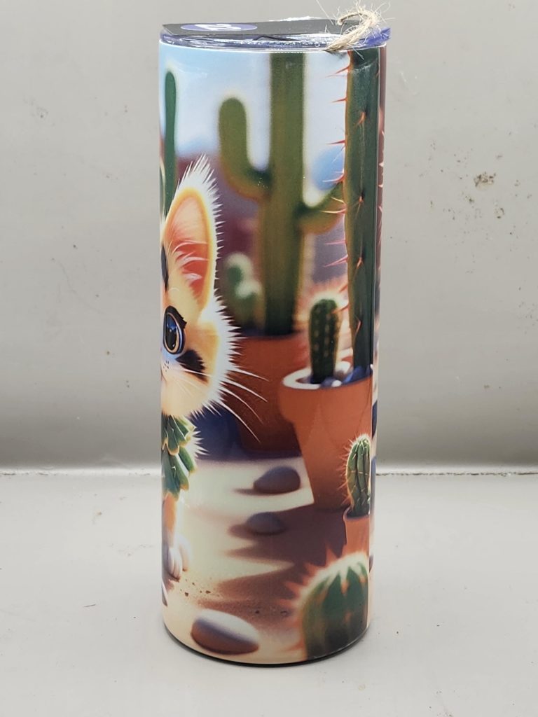 Adorable Calico Beautiful Cat Cactus Landscape Kitten Cat Lover Sweet Themed 20 oz Stainless Steel Tumbler with Straw, Unique, Design #20022 - Image 4