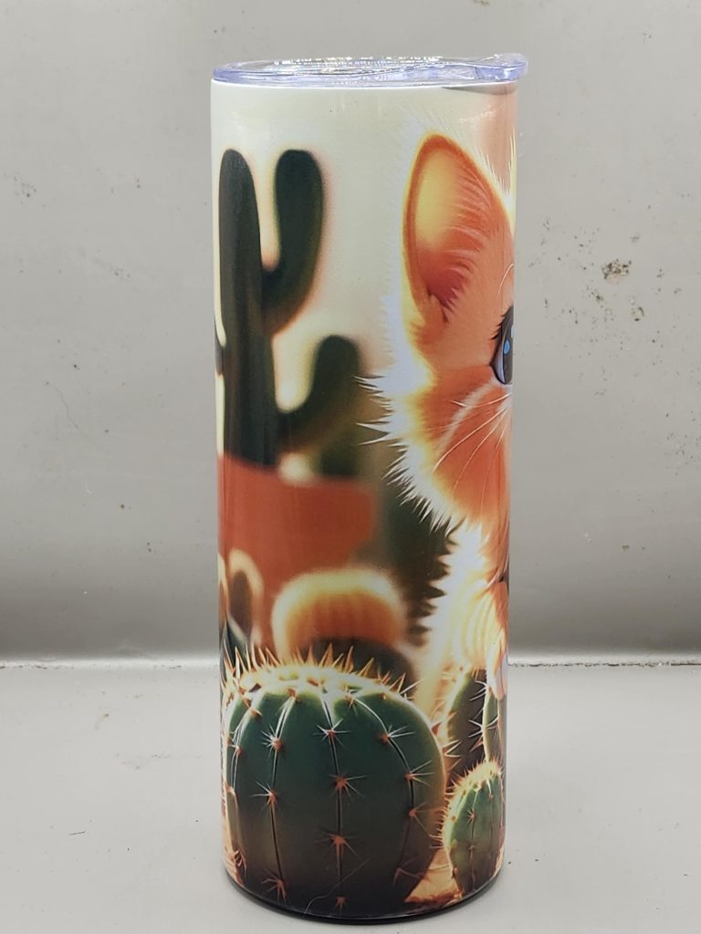 Adorable Ginger Orange Kitten Cat Cactus Landscape Lover Sweet Themed 20 oz Stainless Steel Tumbler with Straw, Unique, Design #20023 - Image 2