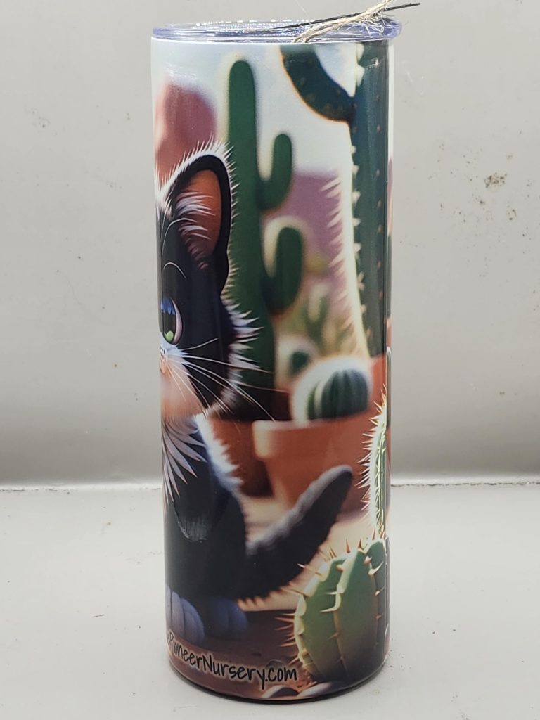 Adorable Black & White Tuxedo Cat Cactus Kitten Cat Lover Sweet Themed 20 oz Stainless Steel Tumbler with Straw, Unique, Design #20024 - Image 4