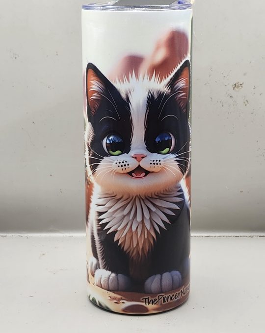 Adorable Black & White Tuxedo Cat Cactus Kitten Cat Lover Sweet Themed 20 oz Stainless Steel Tumbler with Straw, Unique, Design #20024