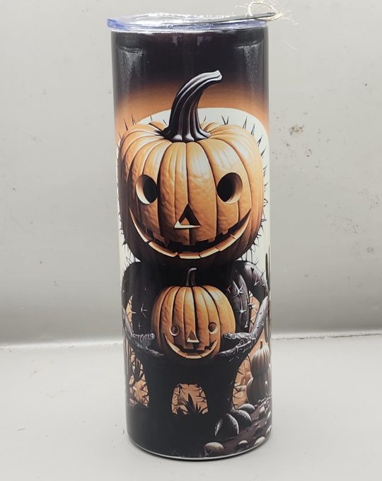 Halloween Spooky Pumpkin Creepy Fun Cactus Themed 20 oz Stainless Steel Tumbler with Straw, Unique, Design #20025