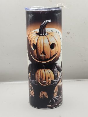 Halloween Spooky Pumpkin Creepy Fun Cactus Themed 20 oz Stainless Steel Tumbler with Straw, Unique, Design #20025