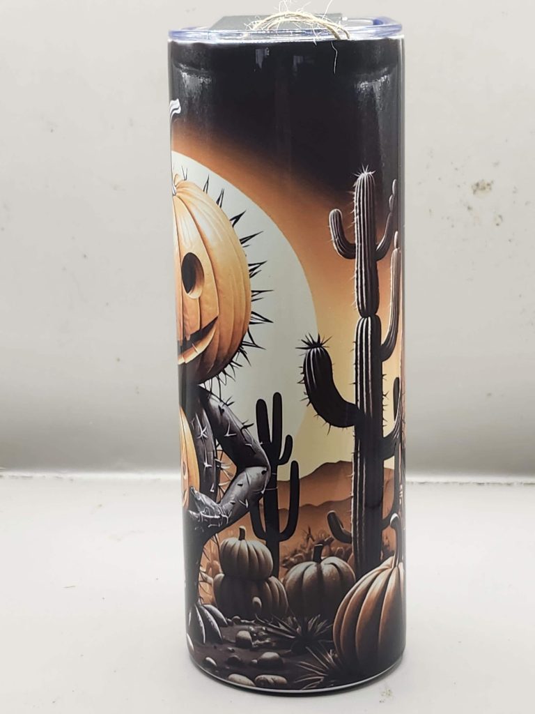 Halloween Spooky Pumpkin Creepy Fun Cactus Themed 20 oz Stainless Steel Tumbler with Straw, Unique, Design #20025 - Image 4