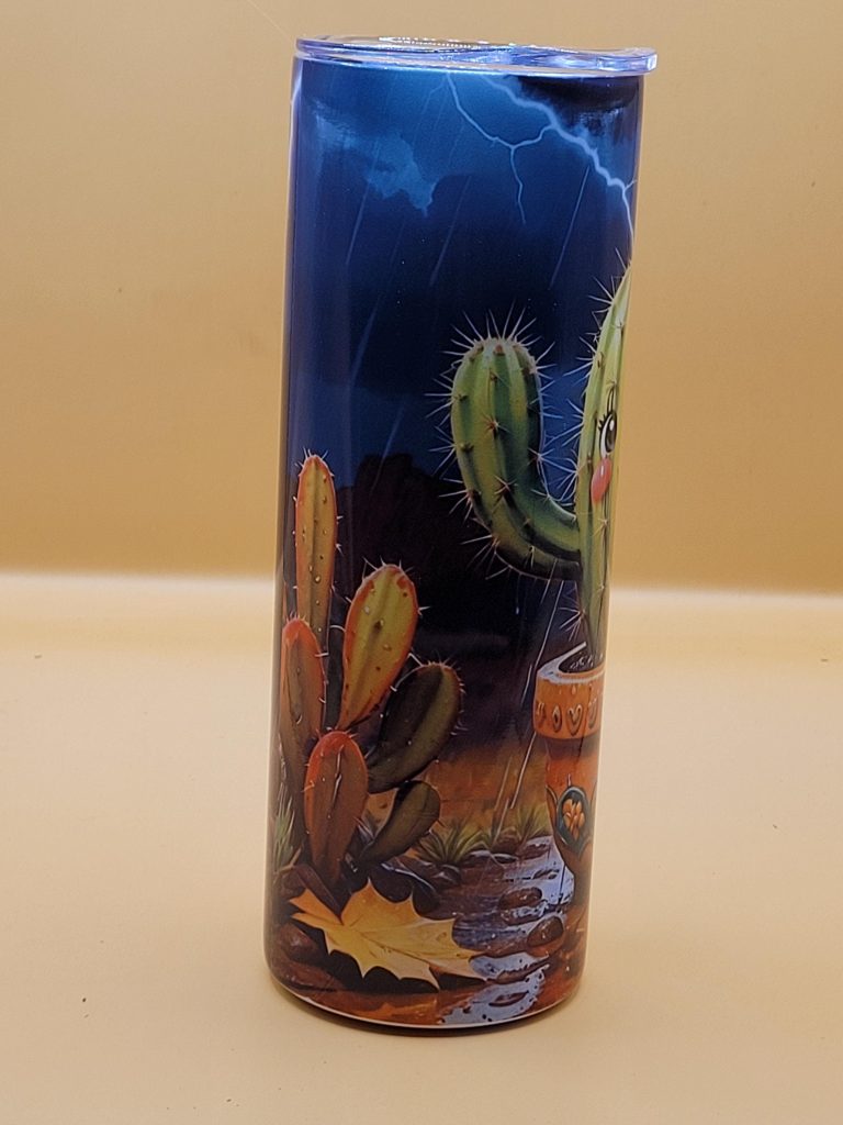 Rain and Lightning Fall Festive Rainy Day Cactus Themed 20 oz Stainless Steel Tumbler with Straw, Unique, Design #20030 - Image 3