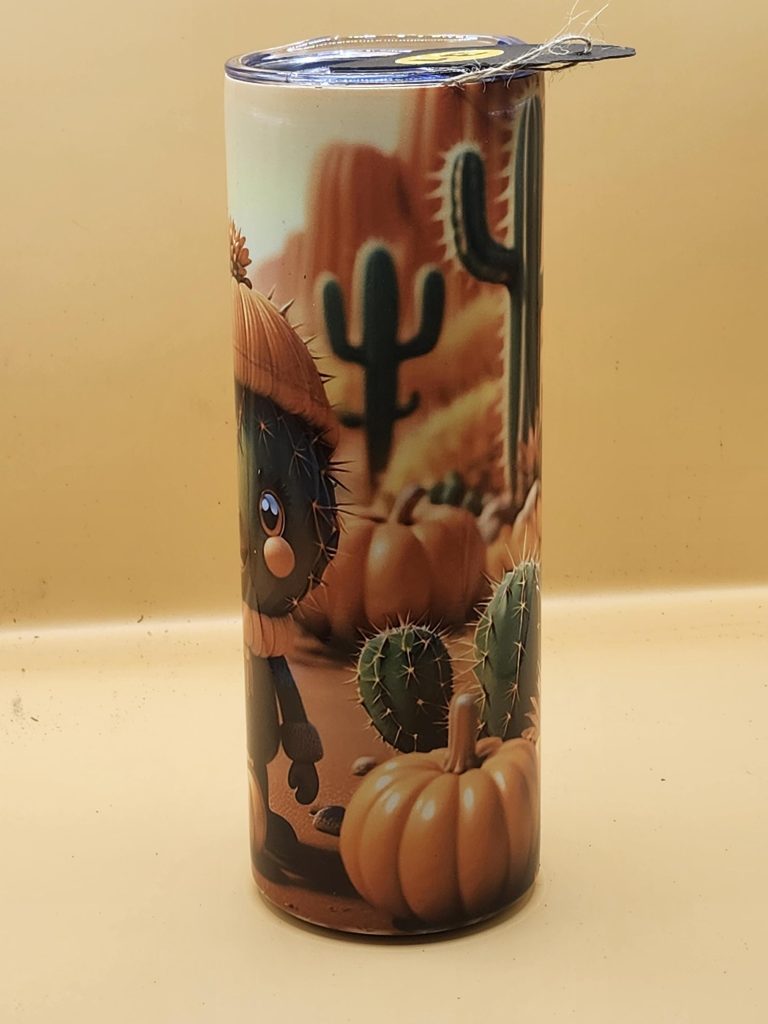 Fall Pumpkin Cactus Character Festive Rainy Day Cactus Themed 20 oz Stainless Steel Tumbler with Straw, Unique, Design #20031 - Image 4
