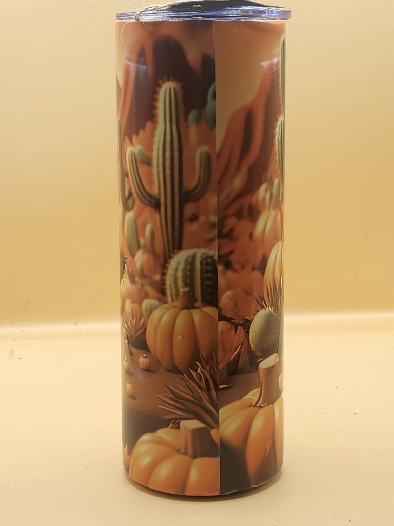 Fall Baby Cactus and Pumpkin Festive Rainy Day Cactus Themed 20 oz Stainless Steel Tumbler with Straw, Unique, Design #20032 - Image 3