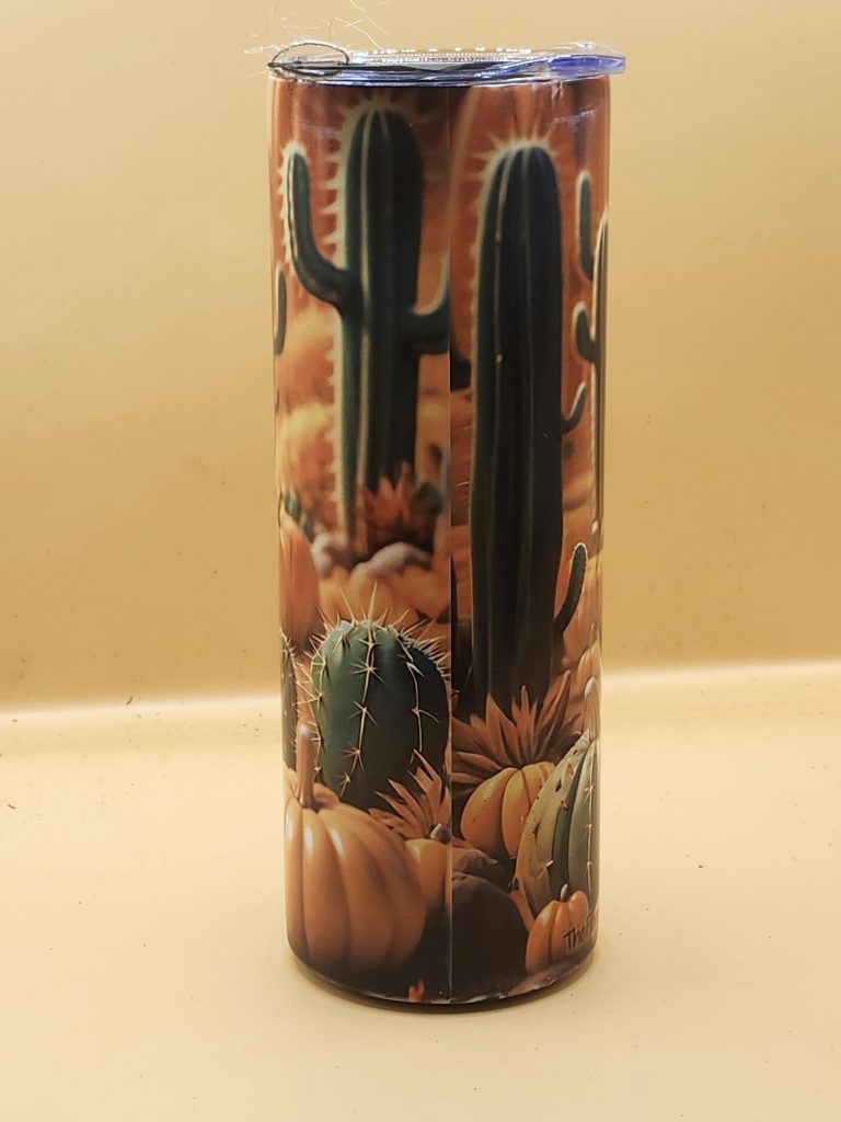 Fall Pumpkin Cactus Character Festive Rainy Day Cactus Themed 20 oz Stainless Steel Tumbler with Straw, Unique, Design #20031 - Image 3
