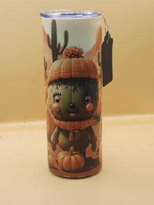 Fall Pumpkin Cactus Character Festive Rainy Day Cactus Themed 20 oz Stainless Steel Tumbler with Straw, Unique, Design #20031