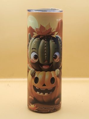 Fall Baby Cactus and Pumpkin Festive Rainy Day Cactus Themed 20 oz Stainless Steel Tumbler with Straw, Unique, Design #20032