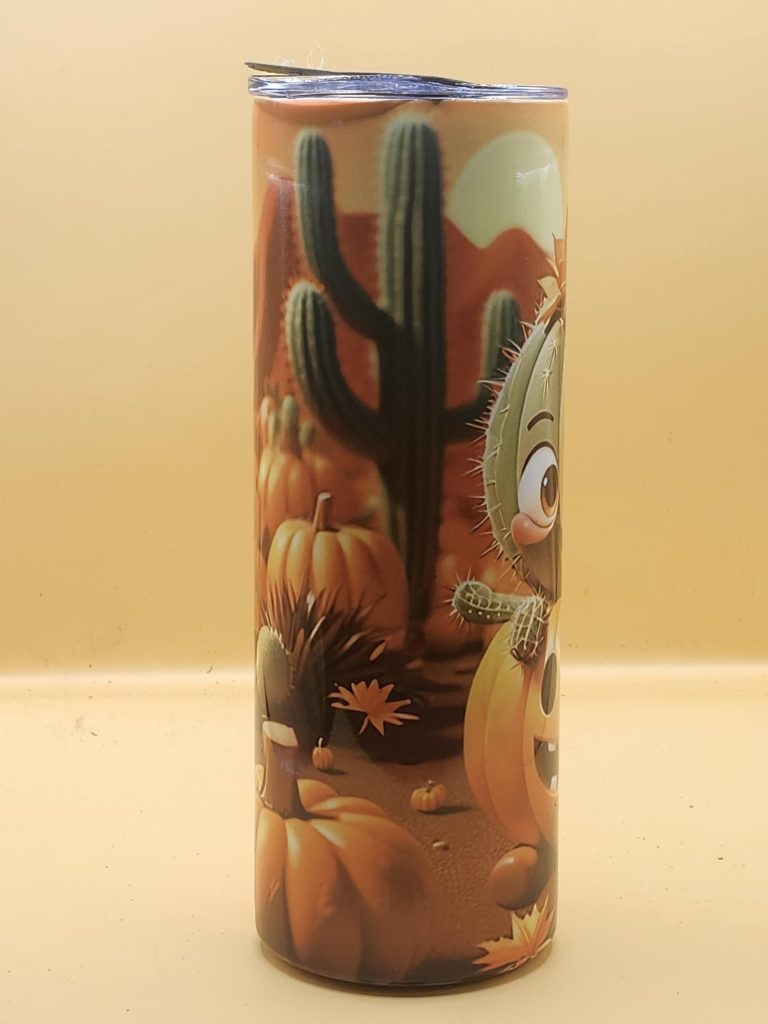 Fall Baby Cactus and Pumpkin Festive Rainy Day Cactus Themed 20 oz Stainless Steel Tumbler with Straw, Unique, Design #20032 - Image 2