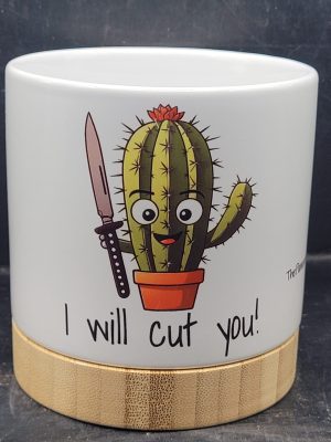 The Pioneer Nursery 4” Ceramic Planter Pot – “I Will Cut You” Cactus Design with Bamboo Base & Drainage Hole