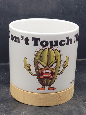The Pioneer Nursery 4” Ceramic Planter Pot – “Don’t Touch Me” Cactus Design with Bamboo Base & Drainage Hole