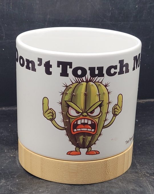 The Pioneer Nursery 4” Ceramic Planter Pot – “Don’t Touch Me” Cactus Design with Bamboo Base & Drainage Hole