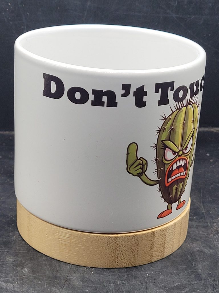 The Pioneer Nursery 4” Ceramic Planter Pot – “Don’t Touch Me” Cactus Design with Bamboo Base & Drainage Hole - Image 6
