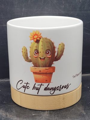 The Pioneer Nursery 4” Ceramic Planter Pot – “Cute but Dangerous” Cactus Design with Bamboo Base & Drainage Hole