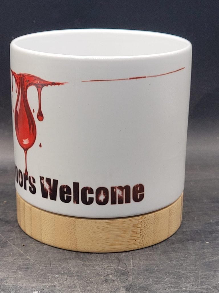 The Pioneer Nursery 4” Ceramic Planter Pot – “Blood Donors Wanted” Cactus Design with Bamboo Base & Drainage Hole - Image 9