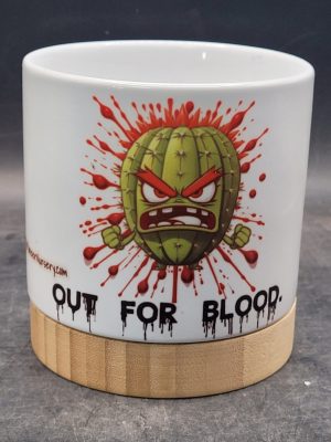 The Pioneer Nursery 4” Ceramic Planter Pot – “Out for Blood” Cactus Design with Bamboo Base & Drainage Hole