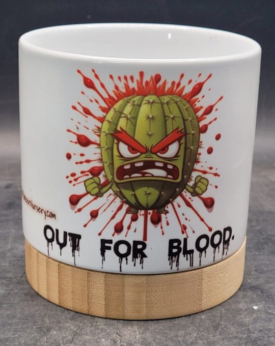 The Pioneer Nursery 4” Ceramic Planter Pot – “Out for Blood” Cactus Design with Bamboo Base & Drainage Hole