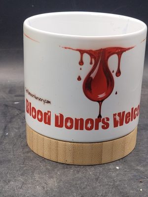 The Pioneer Nursery 4” Ceramic Planter Pot – “Blood Donors Wanted” Cactus Design with Bamboo Base & Drainage Hole