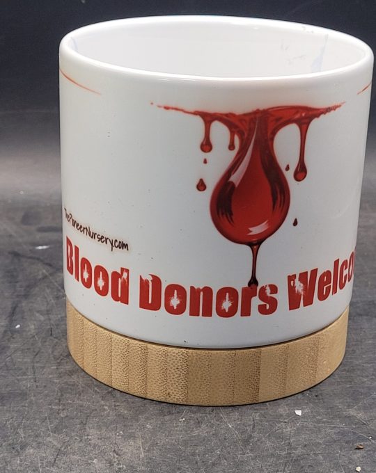 The Pioneer Nursery 4” Ceramic Planter Pot – “Blood Donors Wanted” Cactus Design with Bamboo Base & Drainage Hole