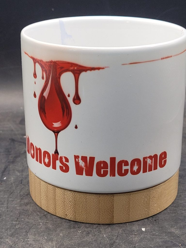 The Pioneer Nursery 4” Ceramic Planter Pot – “Blood Donors Wanted” Cactus Design with Bamboo Base & Drainage Hole - Image 4