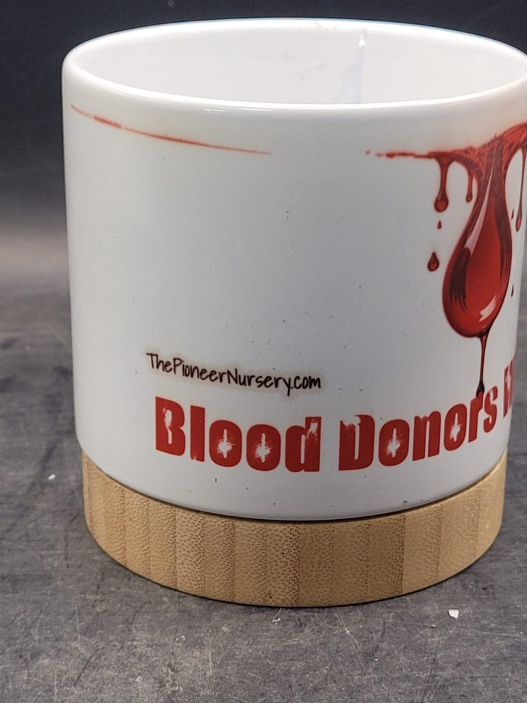 The Pioneer Nursery 4” Ceramic Planter Pot – “Blood Donors Wanted” Cactus Design with Bamboo Base & Drainage Hole - Image 5